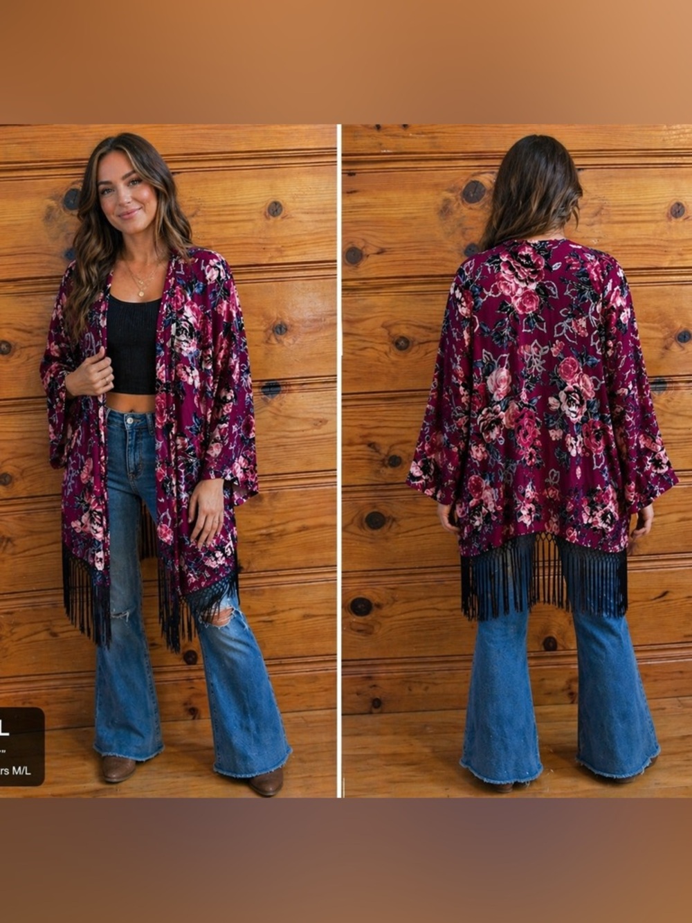 D2 Women’s Velvet Floral Fringe Open-Front Kimono Duster Merlot Boho Whimsigoth